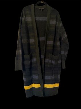 Vera Wang Black Open-Front Cardigan with Yellow Hem Stripe